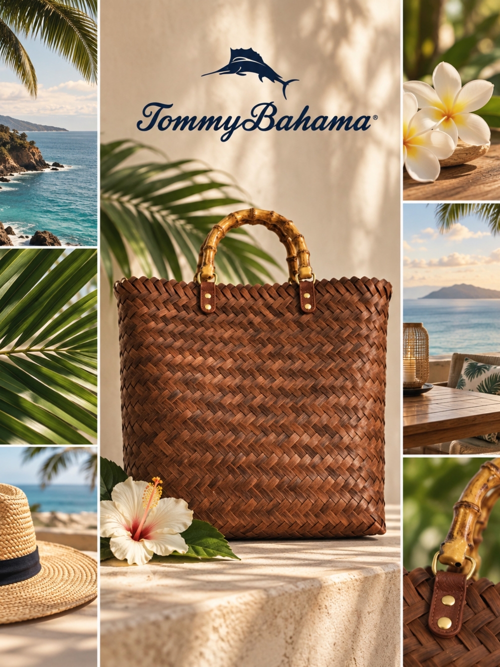 NWT Tommy Bahama Brown Woven Bamboo Handle Tote, 14.5"Wx13"Hx4.5"D